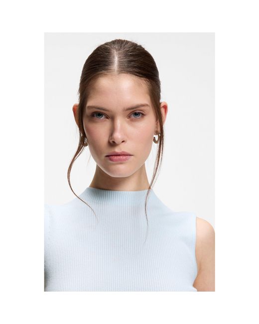Boss Blue Ribbed-Knit Top With Mock Neckline