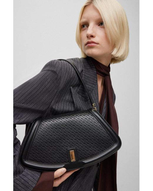 Boss Black Leather Shoulder Bag With Monogram Pattern