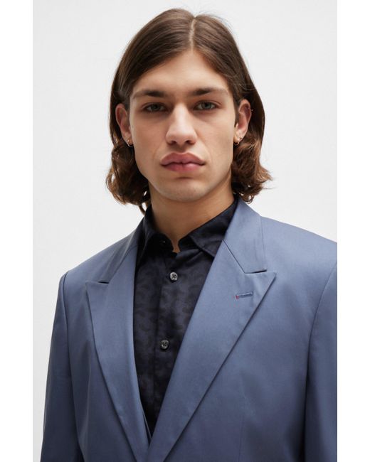 HUGO Blue Slim-fit Suit In Stretch-cotton Satin for men