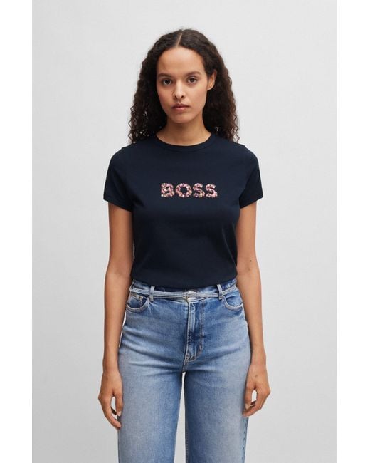 Boss Blue Crew-neck T-shirt In Cotton Jersey With Logo Artwork