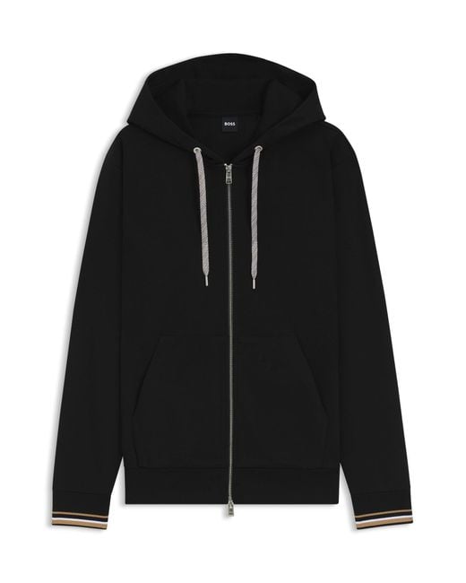 Sweat À Capuche Zippé En Coton Mélangé Avec Cordon De Serrage À Motif Boss pour homme en coloris Black
