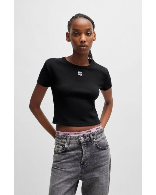 HUGO Korter Slim-fit T-shirt Van Een Katoenmix Met Tweedelig Logo in het Black