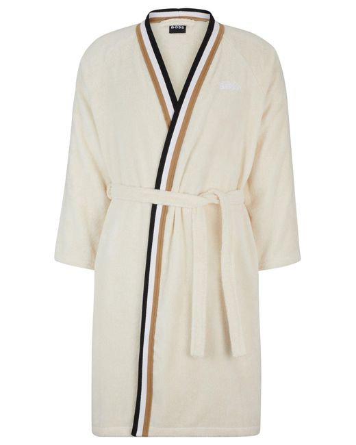 Boss White Cotton Jacquard Dressing Gown With Signature-stripe Trim