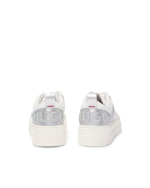 HUGO White Branded Metallic-Panel Faux-Leather Low-Top Trainers