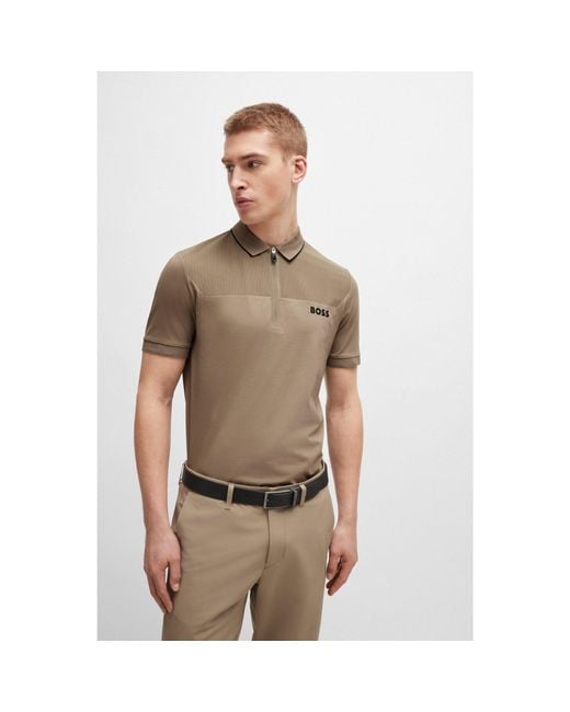 Boss Natural Zip-Neck Slim-Fit Polo Shirt With Mesh Details for men