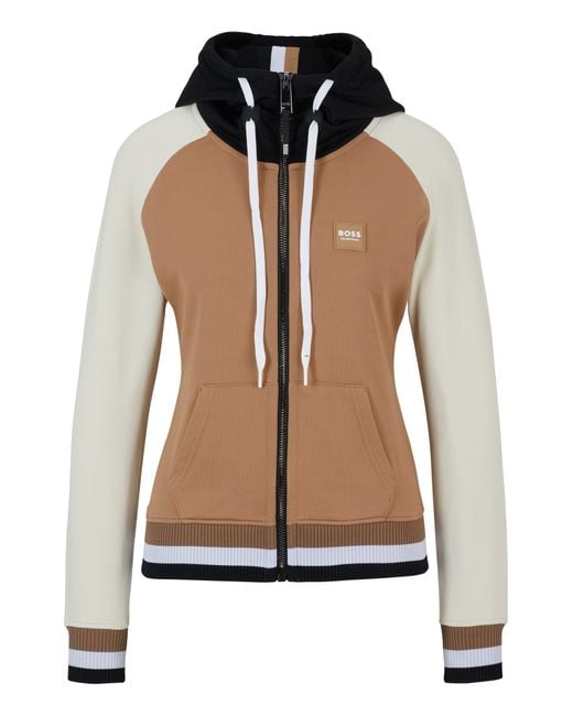 Boss Natural Equestrian Zip-up Colour-blocked Hoodie With Logo Patch