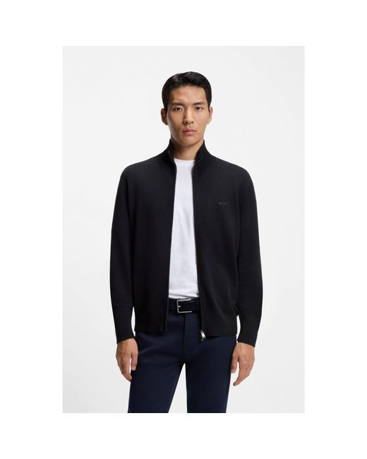 Boss Blue Knitted-Cotton Cardigan With Embroidered Logo for men