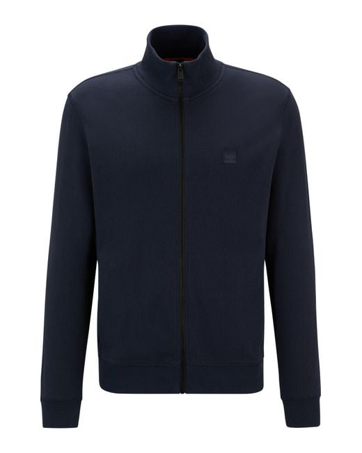 Boss Blue Cotton-terry Zip-up Jacket With Logo Patch for men