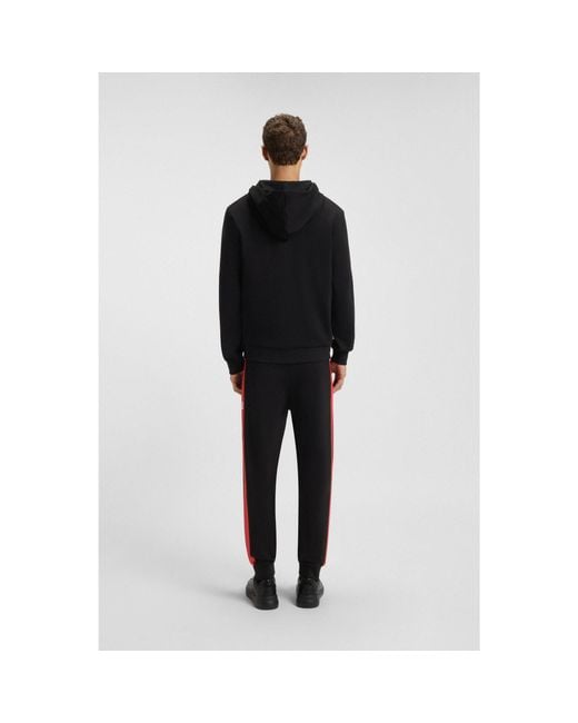 HUGO Black Cotton-Terry Zip-Up Hoodie With Contrast Stripe for men