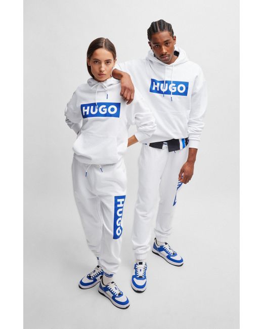 HUGO Relaxed-fit Hoodie Van Sweatstof Met Logoprint in het White voor heren