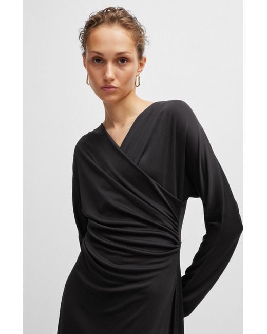 Boss Black Long-sleeved Dress With Wrap Front