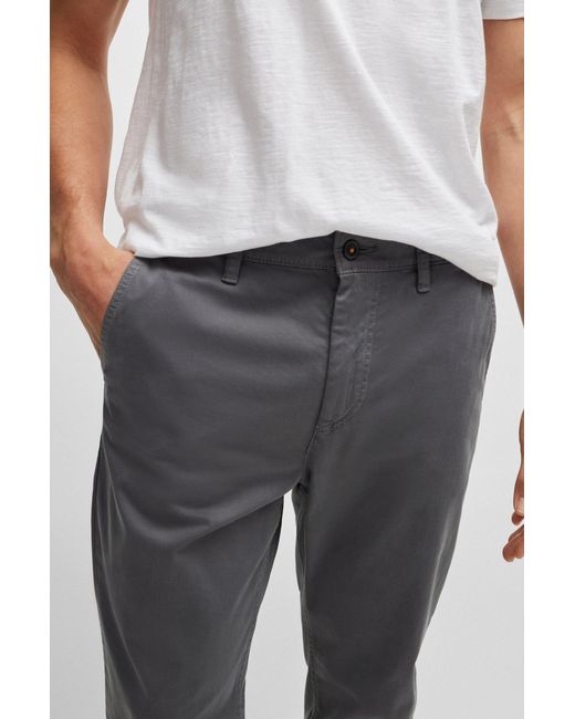 Boss Gray Tapered-fit Chinos In Stretch-cotton Satin for men