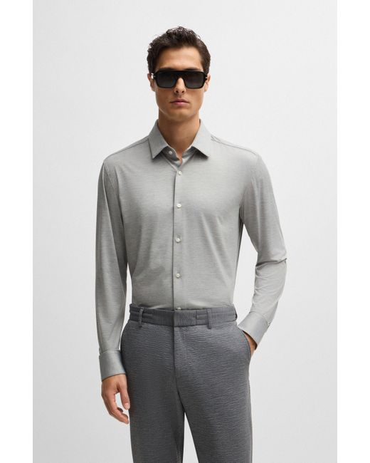 Boss Gray Slim-fit Shirt In Melange Performance-stretch Jersey for men