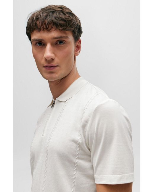 Boss White Zip-neck Polo Shirt In Cotton And Silk for men