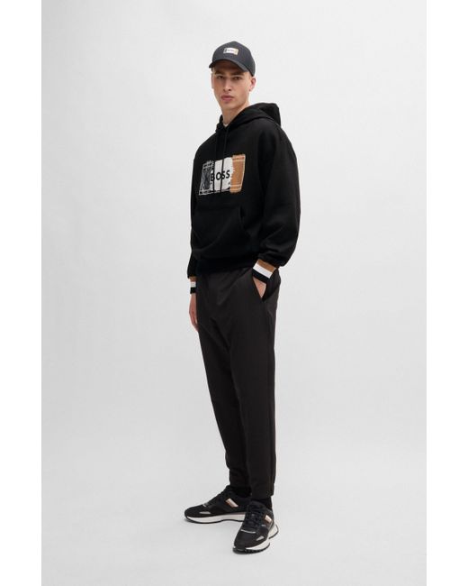 Boss Black Cotton-terry Hoodie With Signature Artwork for men