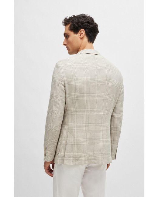Boss Natural Slim-fit Jacket In Checked Wool, Linen And Silk for men