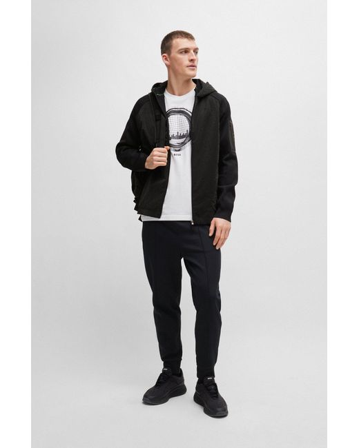 Boss Black Mixed-material Zip-up Hoodie With Signature Sleeve Pocket for men
