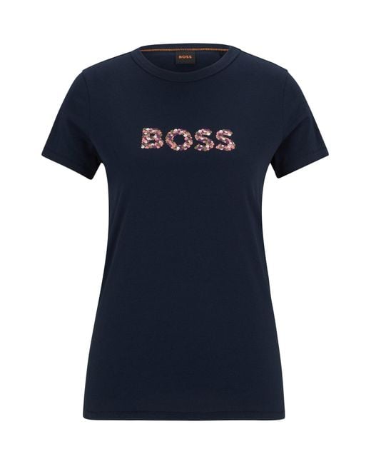 Boss Blue Crew-neck T-shirt In Cotton Jersey With Logo Artwork