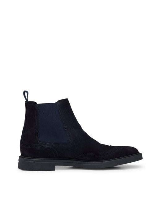Boss Blue Suede Chelsea Boots With Brogue Details for men