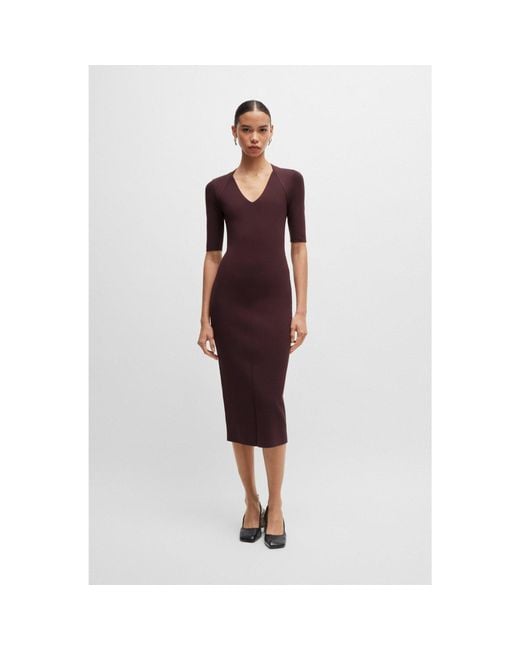 Boss Red V-Neck Knitted Dress With Cropped Sleeves