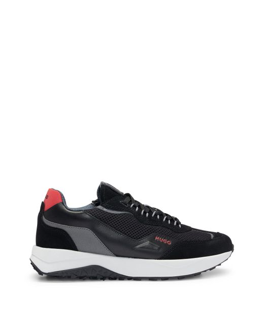 HUGO Black Leather Lace-up Trainers With Mesh Trims for men