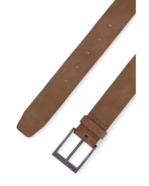 Boss Brown Italian-suede Belt With Engraved Logo Buckle for men