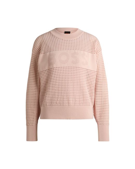 Boss Pink Open-Knit Sweater With Logo Detail