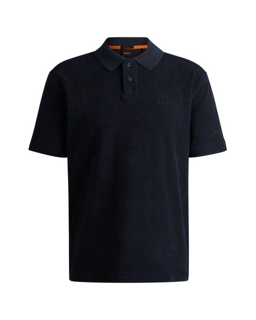 Boss Black Cotton-towelling Polo Shirt With Mixed-technique Logo for men