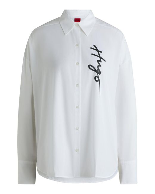 HUGO White Oversized Bluse Mit Handgeschriebenem Logo
