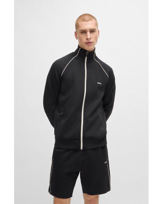 Boss Black Stretch-cotton Zip-up Sweatshirt With Piping And Branding for men