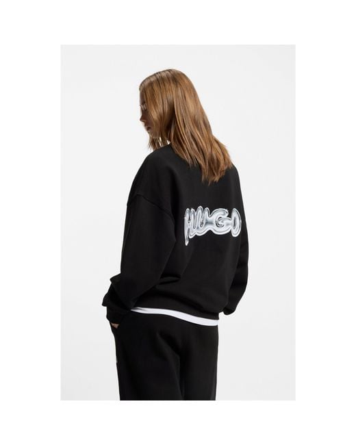 HUGO Black All-Gender Cotton-Terry Sweatshirt With Logo Prints for men