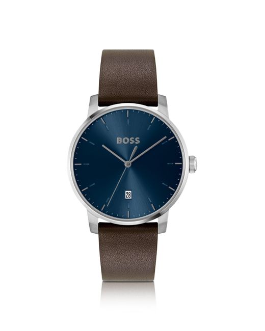 Boss Leather-strap Watch With Blue Dial for men