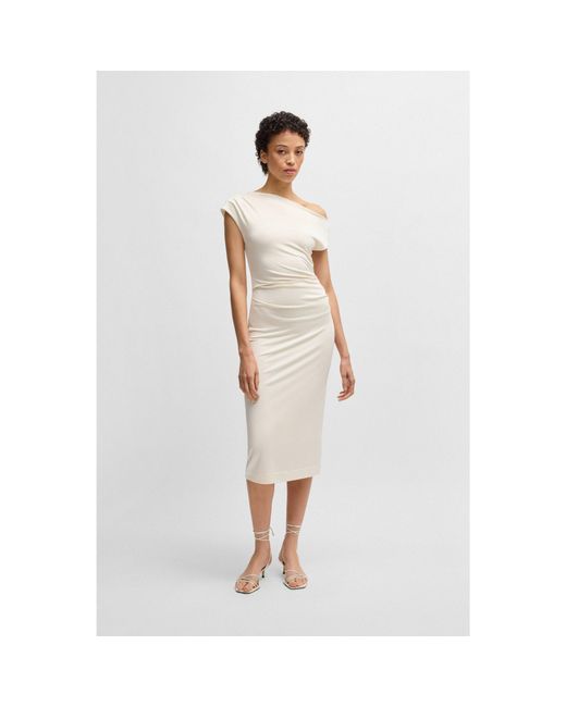 Boss White Stretch-Jersey Dress With Off-The-Shoulder Neckline