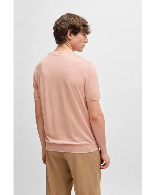 Boss Pink Linen-blend Regular-fit Sweater With Accent Tipping for men