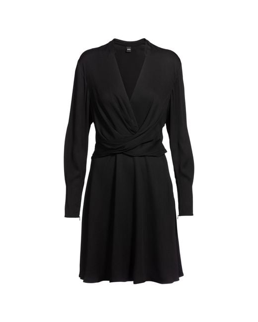 Boss Black Wrap-Front Dress With Stand Collar
