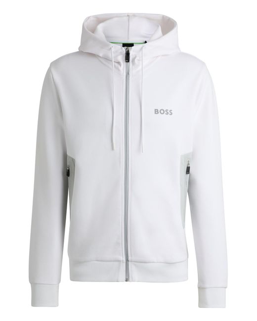 Boss White Cotton-blend Zip-up Hoodie With 3d-moulded Logo for men