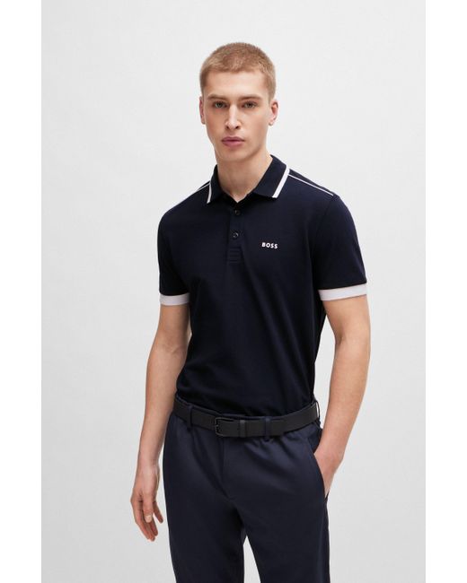 Boss Black Cotton-piqu Polo Shirt With Contrast Stripes And Logo for men