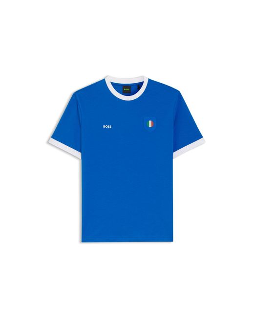Boss Blue Stretch-Cotton T-Shirt With Country Flag And Logo for men
