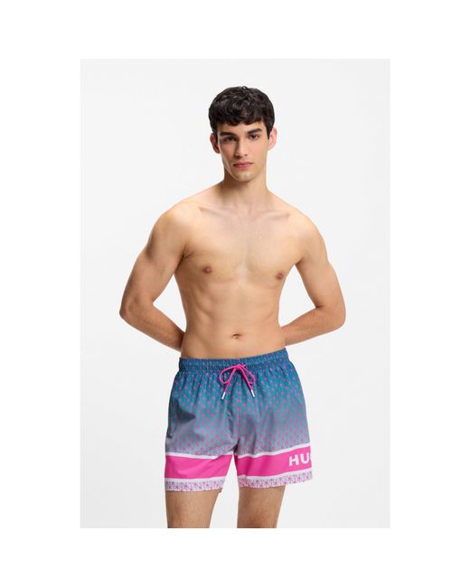HUGO Blue Printed Swim Shorts With Stripe And Logo for men