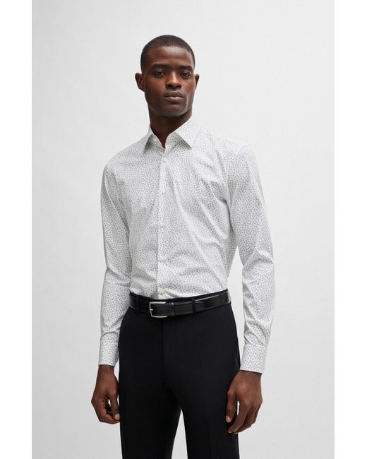 Boss White Slim-fit Shirt In Printed Stretch-cotton Poplin for men