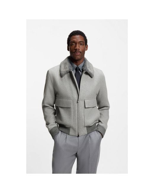 Boss Gray Wool-Cashmere Coat With Faux-Fur Collar for men