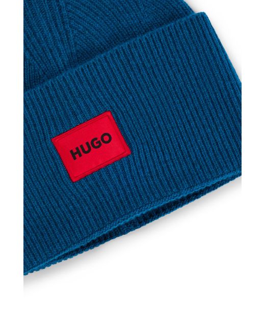 HUGO Gerippte Mütze mit rotem Logo-Label in Blue für Herren