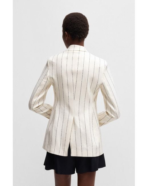 Boss White Slim-Fit Blazer Aus Gestreiftem Leinen-Mix Mit Bouclé-Struktur
