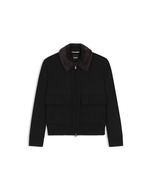 Boss Black Wool-Cashmere Coat With Faux-Fur Collar for men