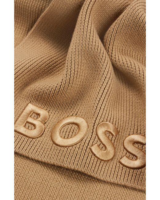 Écharpe côtelée en laine vierge avec logo brodé ton sur ton Boss en coloris Brown