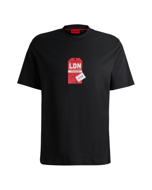 HUGO Black Cotton-jersey T-shirt With Travel-tag Artwork for men