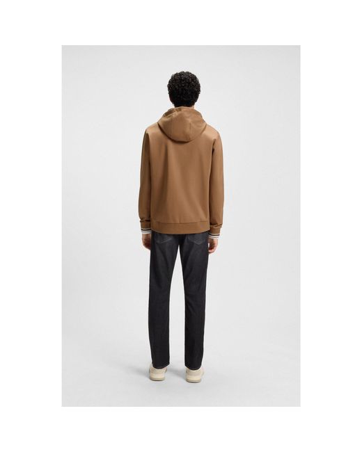 Boss Brown Cotton-Blend Zip-Up Hoodie With Patterned Drawcords for men