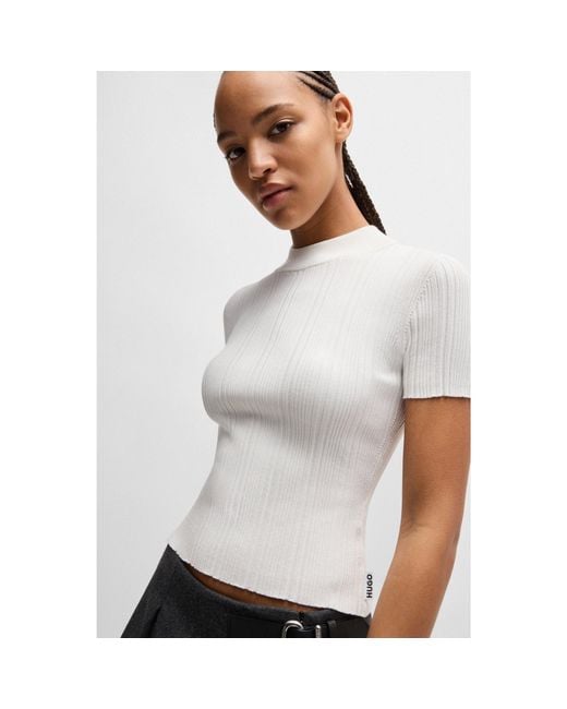 HUGO White Mock-Neck Knit T-Shirt With Irregular Ribbing