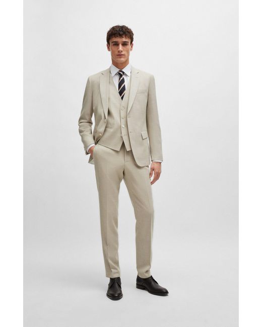 Boss Natural Slim-fit Suit In A Hopsack-weave Wool Blend for men