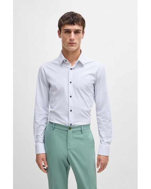 Boss White Slim-fit Shirt In Printed Performance-stretch Material for men